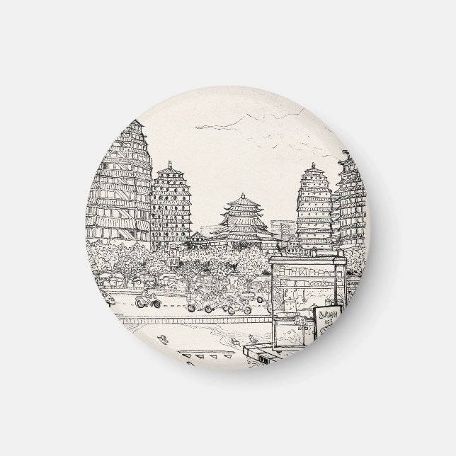 Saigon Pagoda Vietnam Cityscape Pen Ink Drawing Magnet (Front)