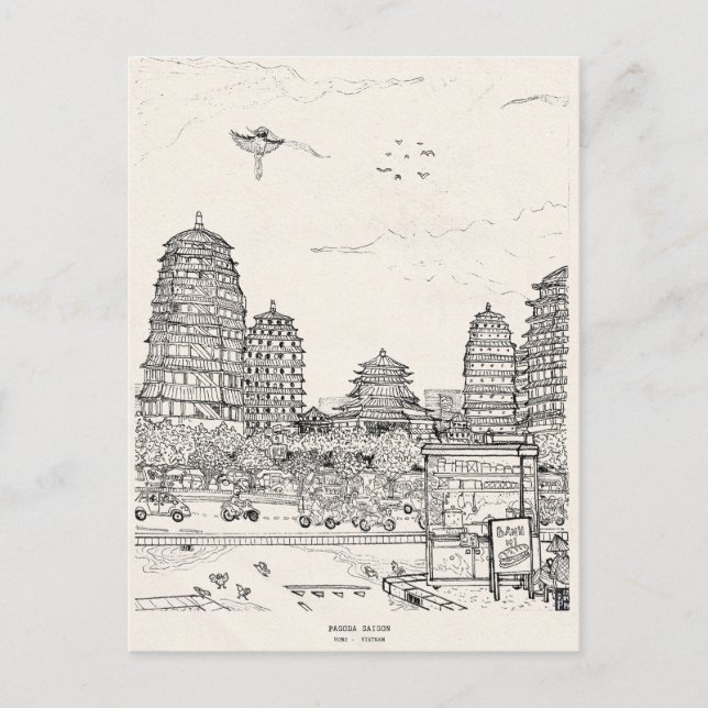 Saigon Pagoda Vietnam Cityscape Pen Ink Drawing Postcard (Front)
