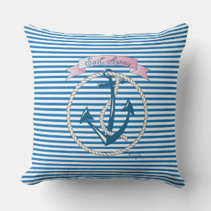 "Sail Away" Anchor, white Rope and blue Stripes Cushion