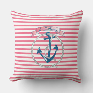 "Sail Away" Anchor, white Rope and pink stripes Cushion