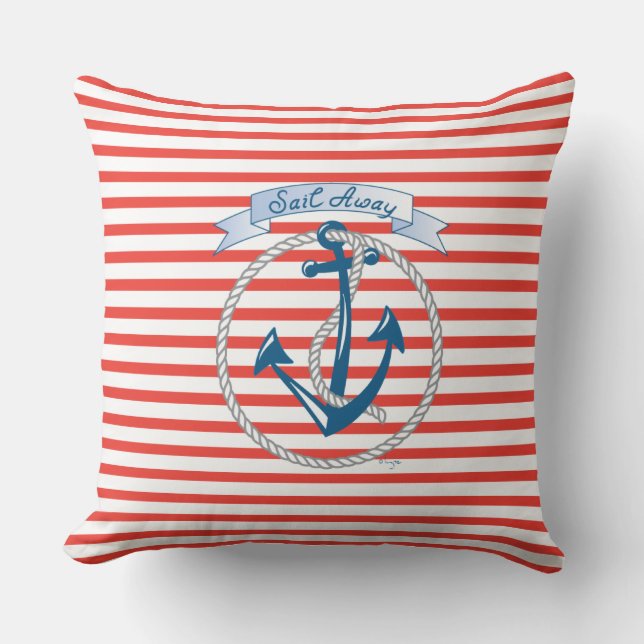 "Sail Away" Anchor, white Rope and red stripes Cushion (Front)