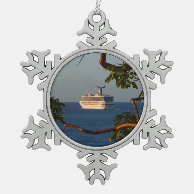 Sail Away at Sunset I Cruise Vacation Snowflake Pewter Christmas Ornament (Front)
