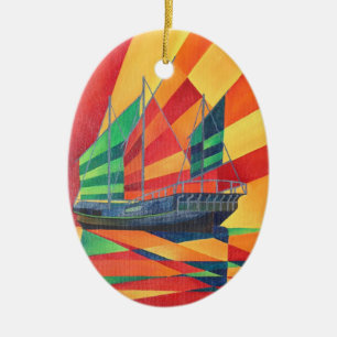 Sail Away Junk Pleasure Boat Ceramic Tree Decoration