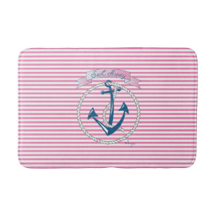 "Sail Away" Nautical Anchor, Rope, Stripes Bath Mat