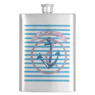 Sail Away, Nautical Anchor with blue stripes Hip Flask