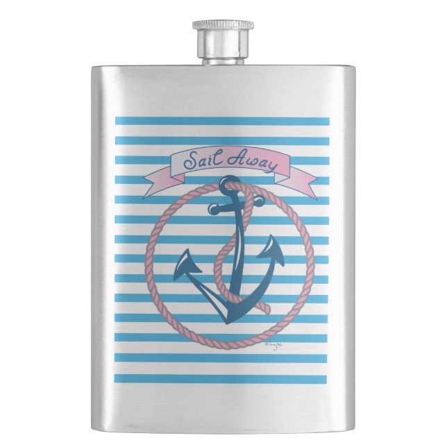 Sail Away, Nautical Anchor with blue stripes Hip Flask (Front)