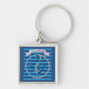 Sail Away Nautical Anchor with blue stripes Key Ring