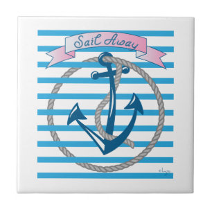 Sail Away Nautical Anchor with blue stripes Tile