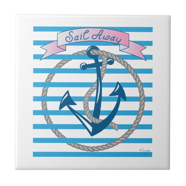 Sail Away Nautical Anchor with blue stripes Tile (Front)
