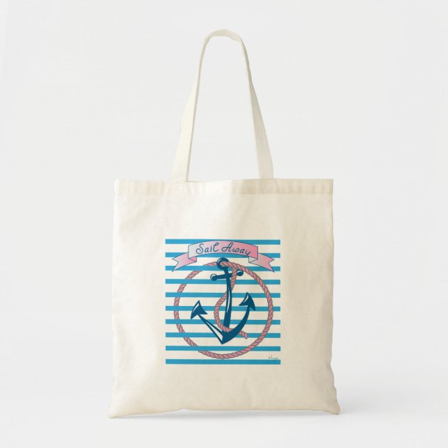 "Sail Away" Nautical Anchor with pink Rope Tote Bag (Front)