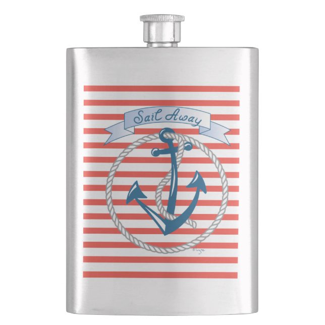 Sail Away, Nautical Anchor with red stripes Hip Flask (Front)