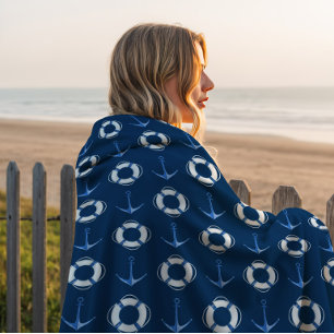 Sail Away Navy Boat Anchor + Life Ring Fleece Blanket