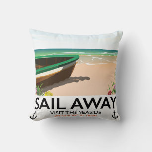 Sail away vintage travel poster cushion