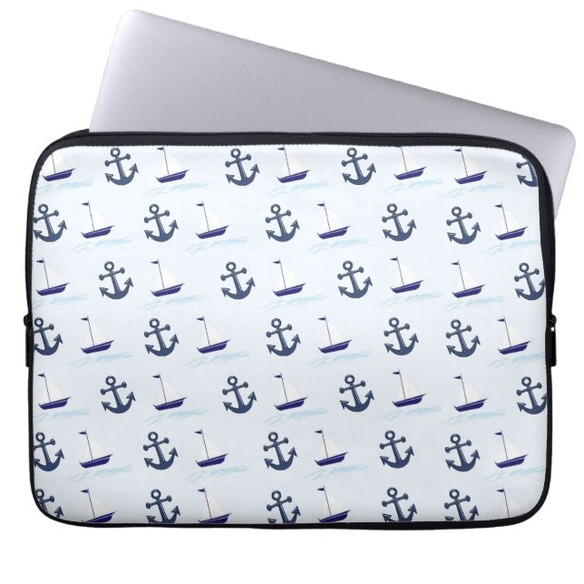 Sail Boat and Anchor Pattern Blue Laptop Sleeve (Front)