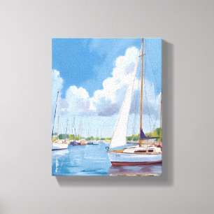 Sail Boat Bay   Coastal Watercolor Painting Canvas Print
