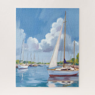 Sail Boat Bay   Coastal Watercolor Painting Jigsaw Puzzle
