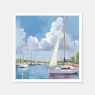 Sail Boat Bay Coastal Watercolor Painting Napkin