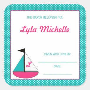 Sail boat Book Plate Monogram Turquoise Pink Girls Square Sticker