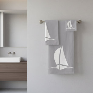 sail boat & compass - silver colour bath towel se