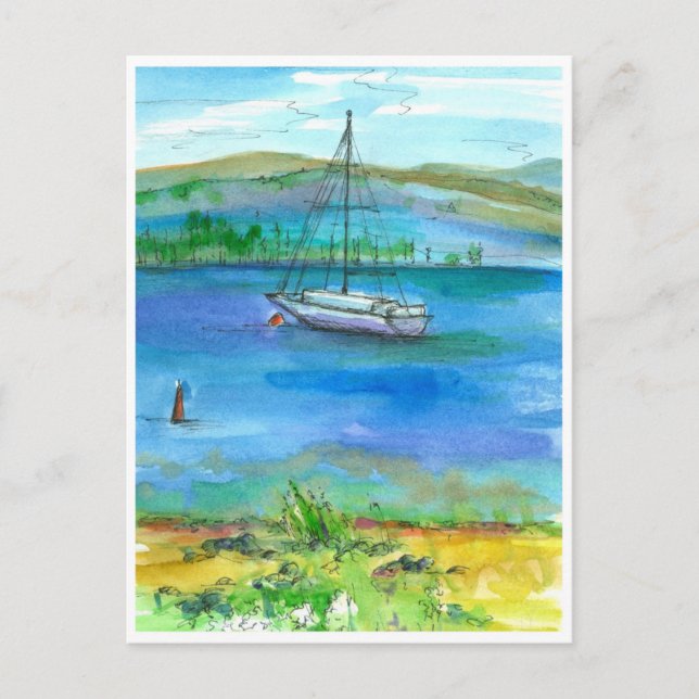 Sail Boat Mountain Lake Watercolor Painting Postcard (Front)