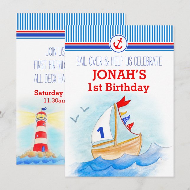 Sail boat nautical boys first birthday invite (Front/Back)