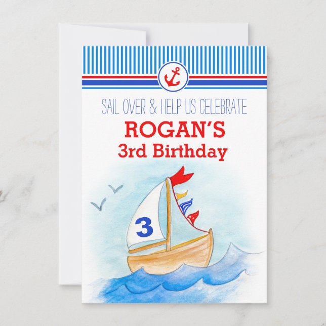 Sail boat nautical boys third 3rd birthday invite (Front)