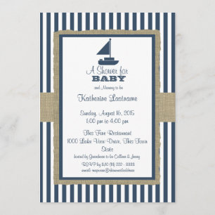Sail Boat Navy Blue Stripes Baby Shower Invitation