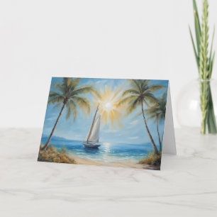 Sail Boat near Tropical Beach, Palm Trees Card
