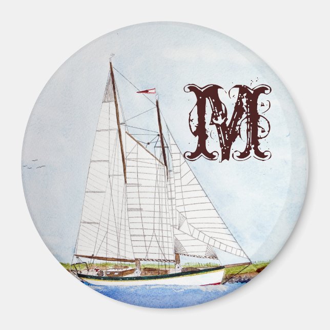 Sail Boat Sailing Ship Monogram Initial Magnet (Front)