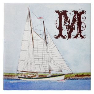 Sail Boat Sailing Ship Ocean Monogram Display Tile