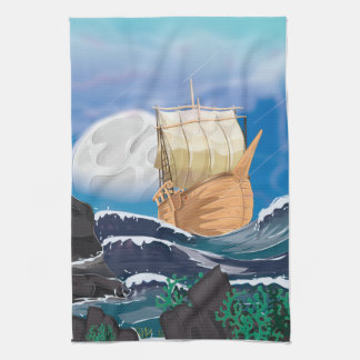 Sail Ship in Ocean Storm Tea Towel