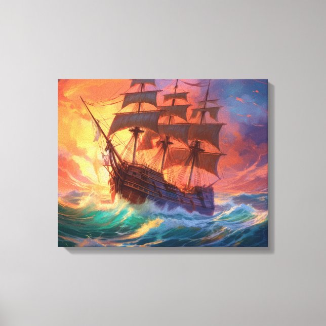 Sail Ship On A Stormy Sea Canvas Print (Front)