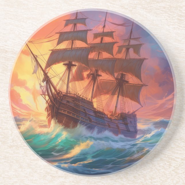 Sail Ship On A Stormy Sea Coaster (Front)