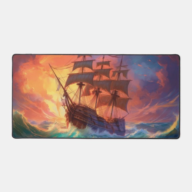 Sail Ship On A Stormy Sea Desk Mat (Front)