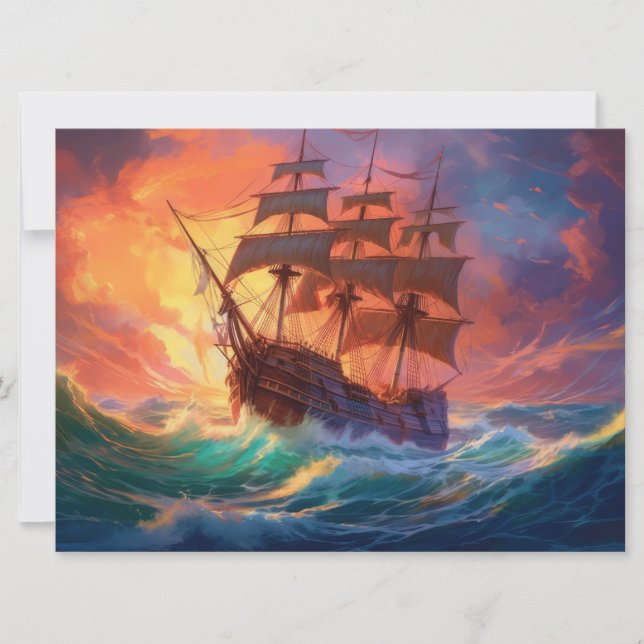 Sail Ship On A Stormy Sea Holiday Card (Front)