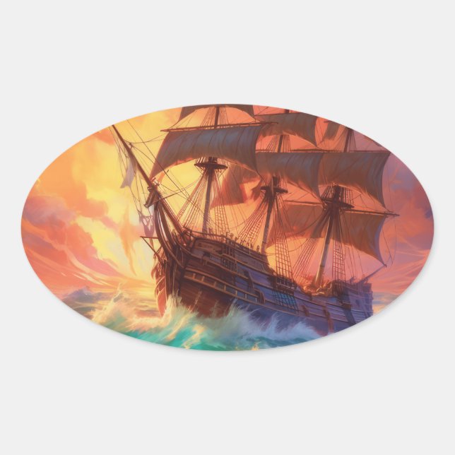 Sail Ship On A Stormy Sea Oval Sticker (Front)