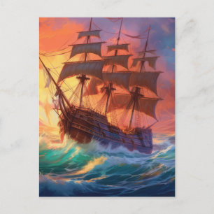 Sail Ship On A Stormy Sea Postcard