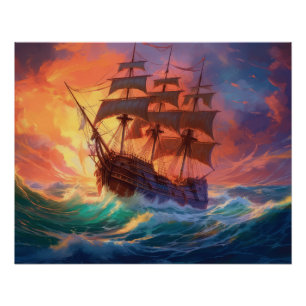 Sail Ship On A Stormy Sea Poster