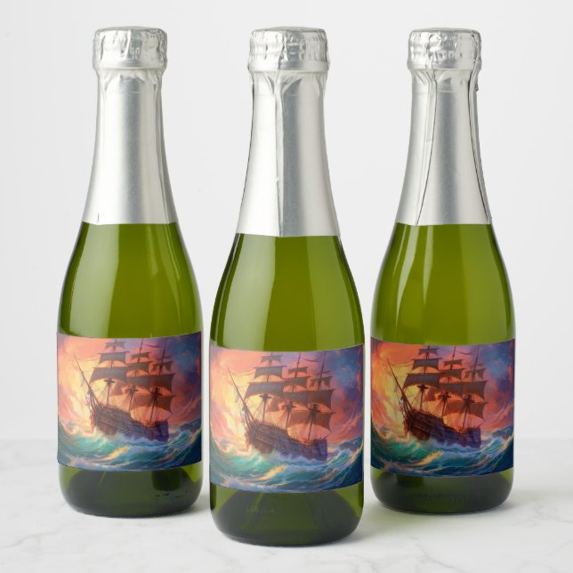 Sail Ship On A Stormy Sea Sparkling Wine Label (Bottles)