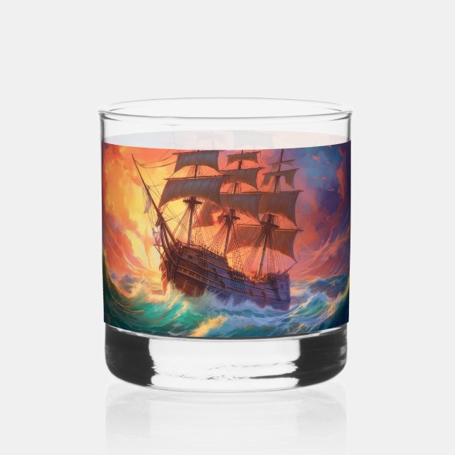 Sail Ship On A Stormy Sea Whiskey Glass (Back)