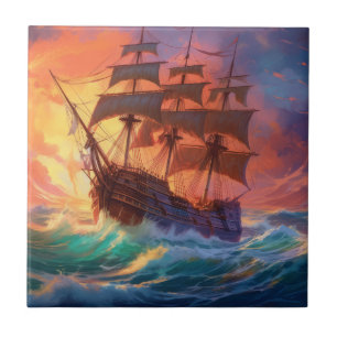 Sail Ship On The Stormy Sea Tile