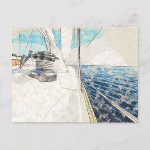 Sail vessel surfing through sea postcard