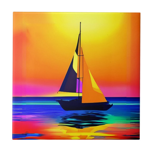 Sailboat Against a Vibrant Ocean Sunset Tile (Front)