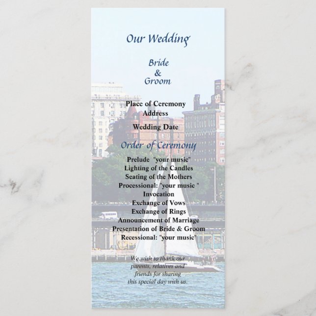 Sailboat Against Manhattan Skyline Wedding Program Programme (Front)