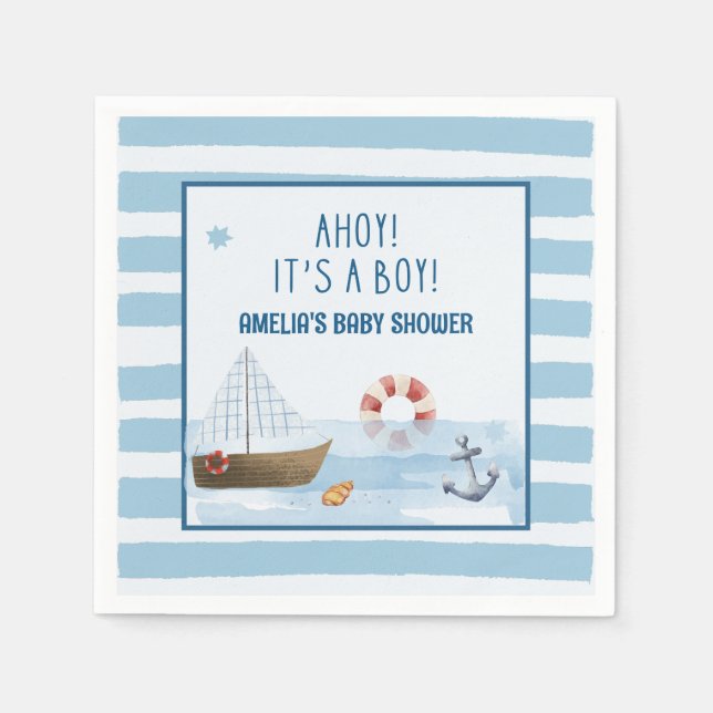  Sailboat Ahoy its a boy blue baby shower  Napkin (Front)