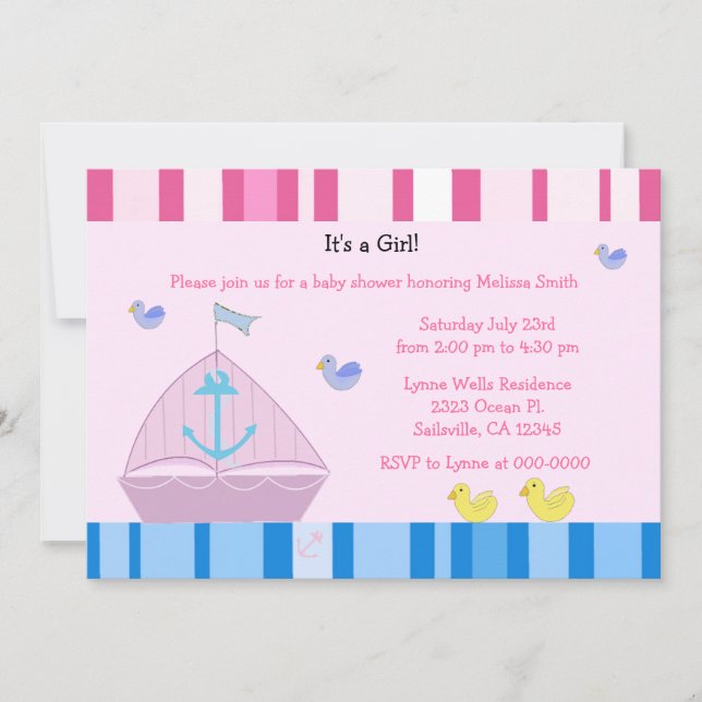 Sailboat and Anchor Baby Girl Shower Invitation (Front)