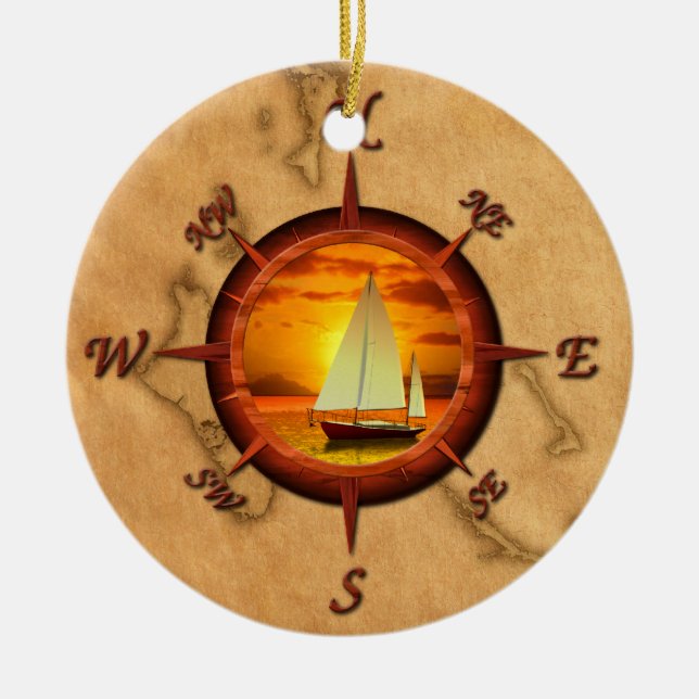 Sailboat And Compass Rose Ceramic Tree Decoration (Front)