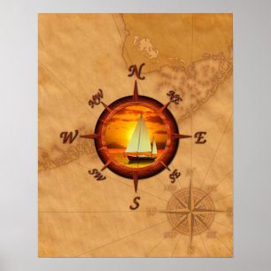 Sailboat And Compass Rose Poster
