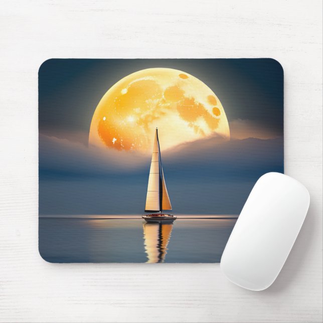 Sailboat and Full Moon Mouse Mat (With Mouse)