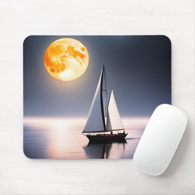 Sailboat and Full Moon Over Water Mouse Mat (With Mouse)